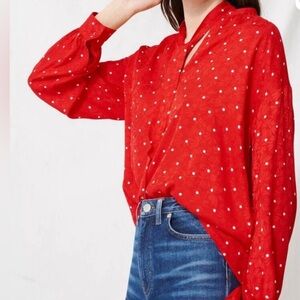 Maje Lipia Tie-neck Polka Dot Jacquard Blouse In Red medium